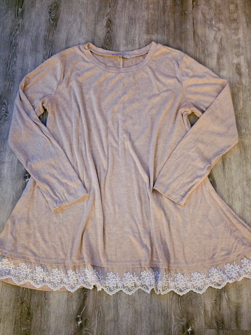 Wekili Womens L Blush Lace Hem Long Sleeve Tunic Top A Line Flowy Boho